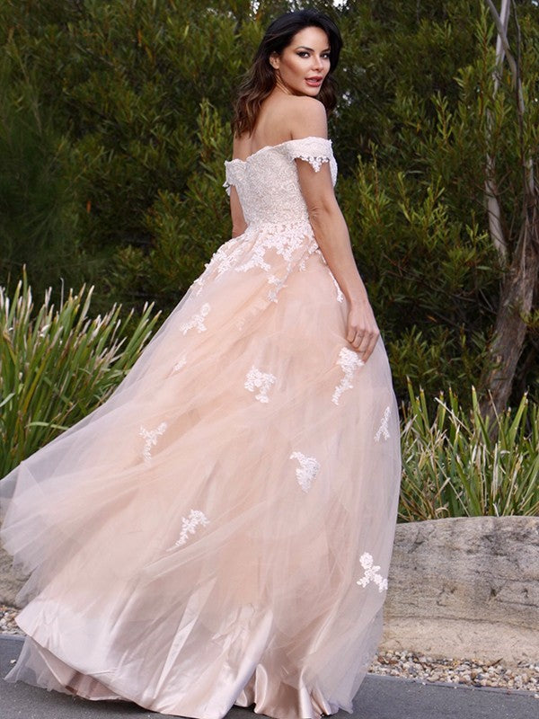 A-Line/Princess Tulle Applique Off-the-Shoulder Sleeveless Floor-Length Dresses Party Dresses Formal Dresses