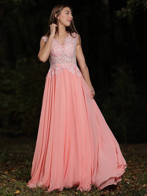 A-Line Princess Chiffon Lace V-neck Sleeveless Sweep/Brush Prom Dresses