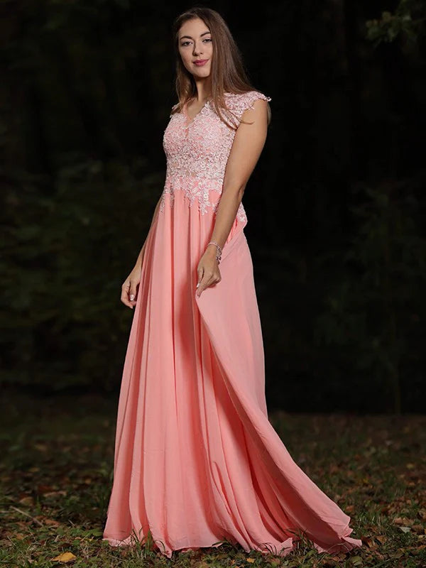 A-Line Princess Chiffon Lace V-neck Sleeveless Sweep/Brush Prom Dresses
