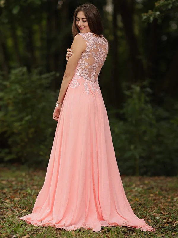 A-Line Princess Chiffon Lace V-neck Sleeveless Sweep/Brush Prom Dresses