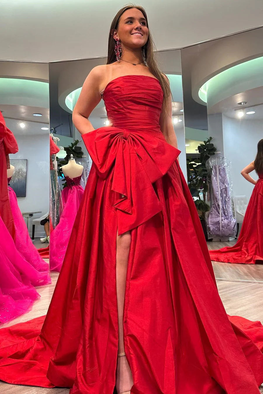 A-Line Strapless Sweep/Brush Train Dresses Light Blue Satin Long Prom Dress with Bow