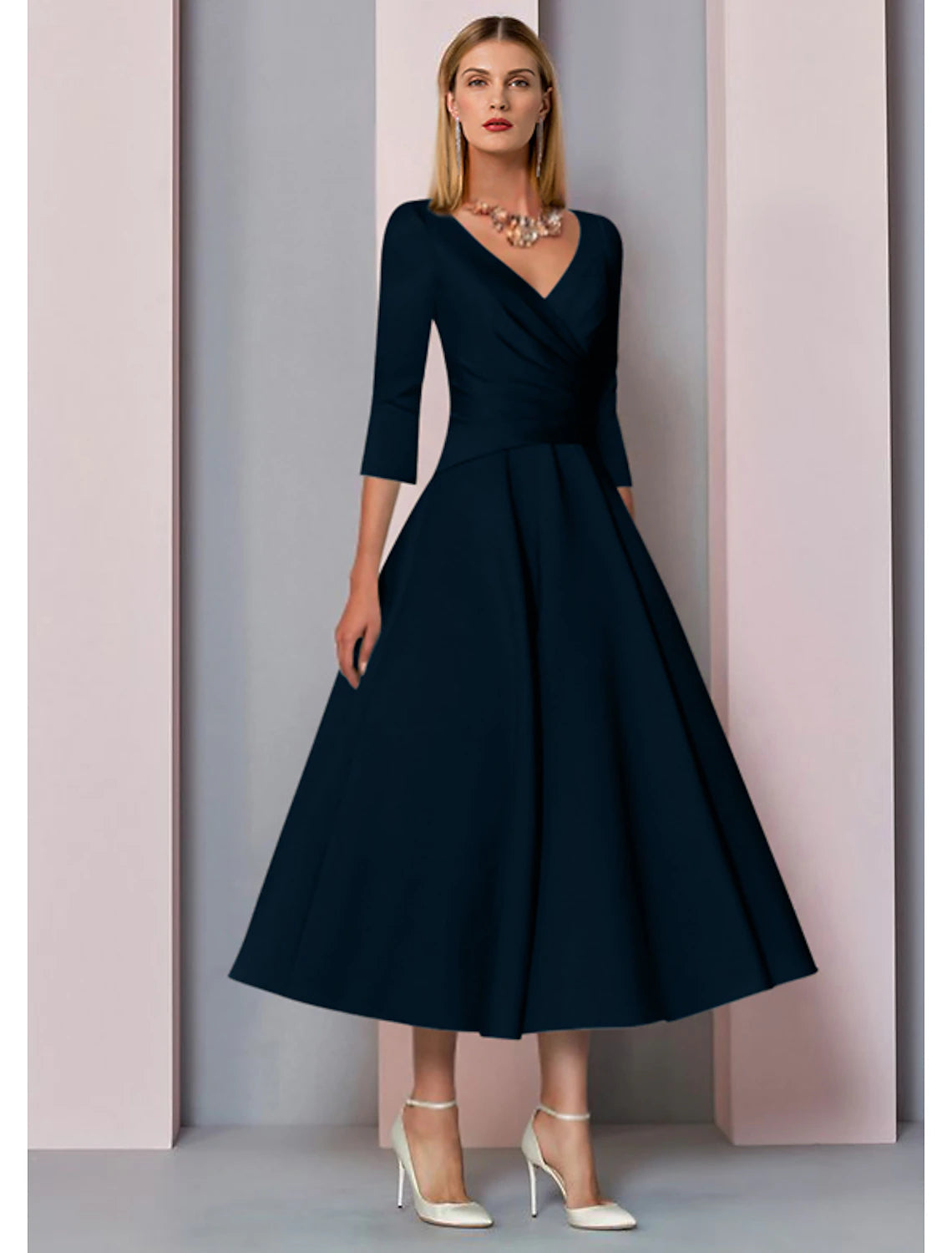 A-Line Mother of the Bride Dress Wedding Guest Elegant Vintage Plus Size V Neck Tea Length Satin 3/4 Length Sleeve with Pleats