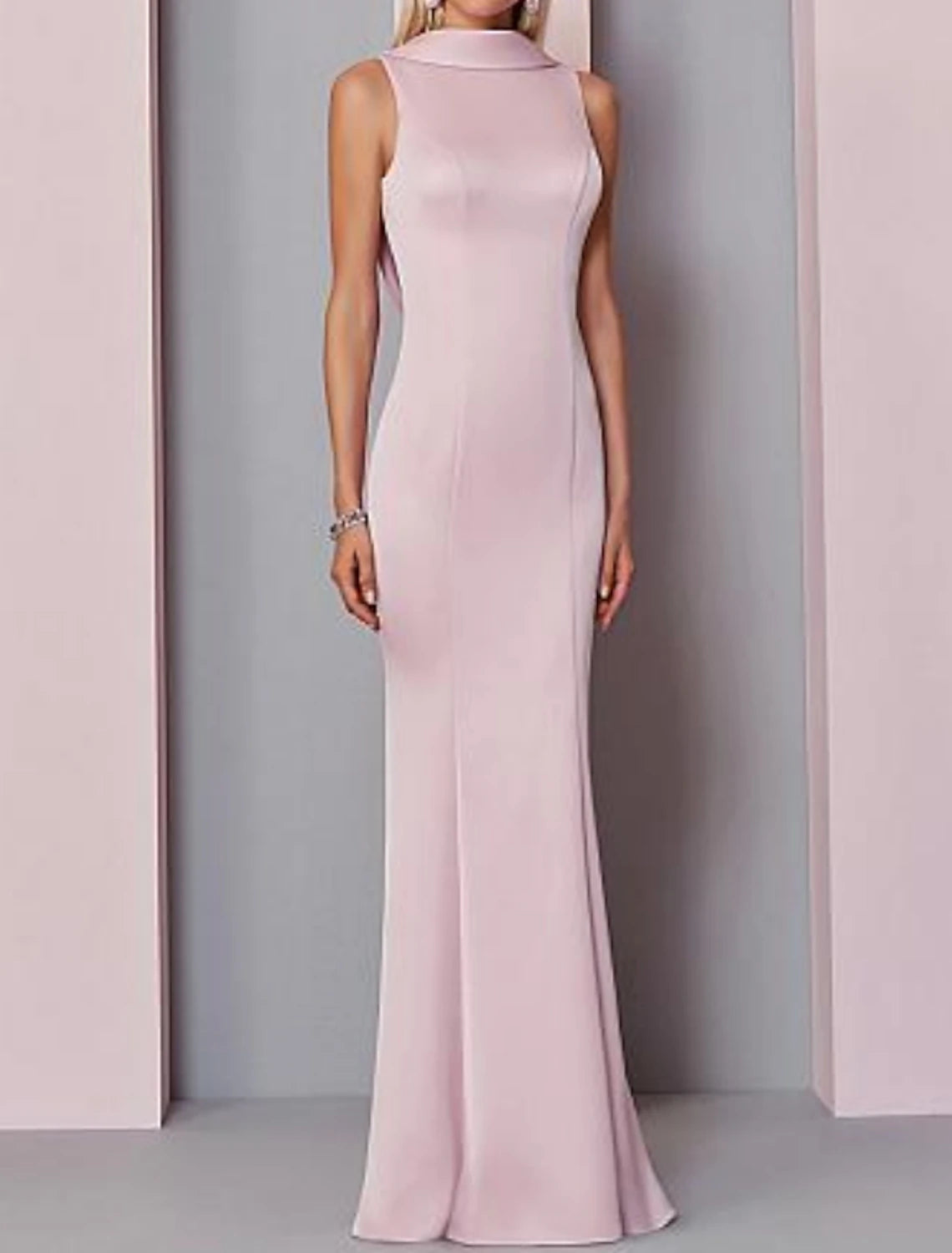 Sheath Mermaid High Neck Evening Dress Floor Length V Back Sleeveless Polyester Prom Dress with Buttons