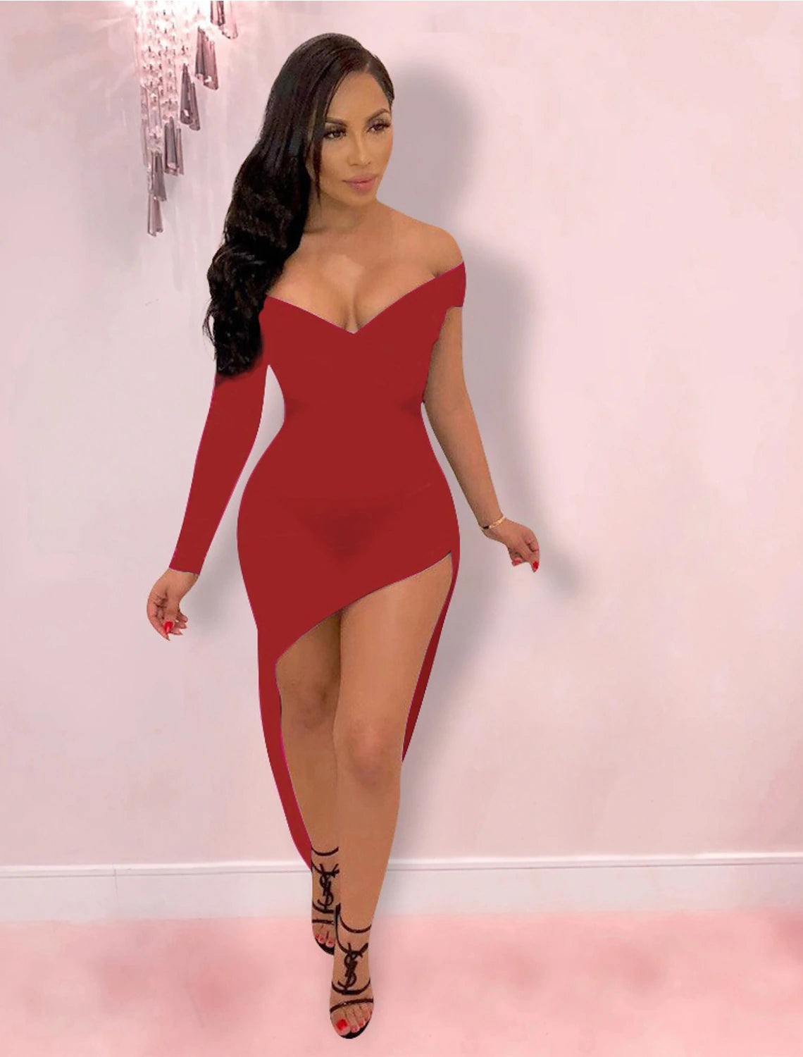 Sheath / Column Cocktail Dresses Hot Dress Holiday Party Wear Asymmetrical Long Sleeve V Neck Spandex with Sleek