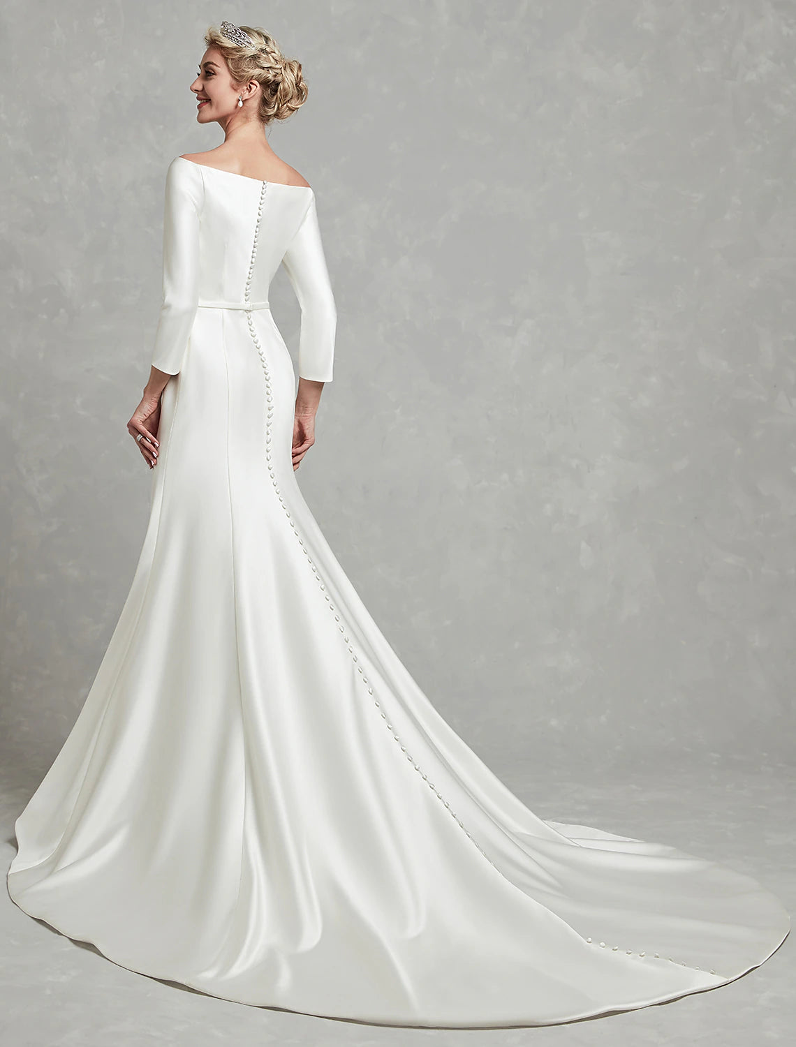 Casual Fall Wedding Dresses Mermaid / Trumpet Off Shoulder 3/4 Length Sleeve Chapel Train Satin Bridal Gowns With Pleats Summer Wedding Party, Women's Clothing