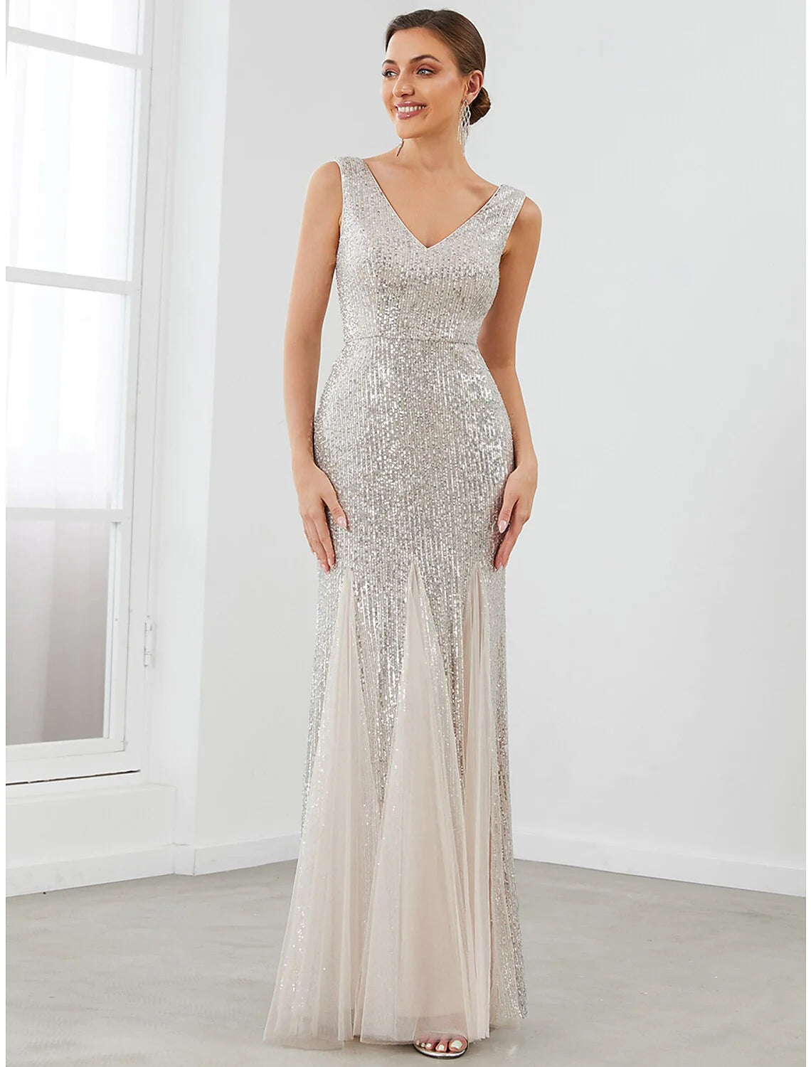 Mermaid / Trumpet Evening Gown Elegant Dress Formal Evening Floor Length Sleeveless V Neck Sequined V Back with Sequin Pure Color