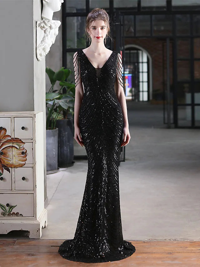 Mermaid / Trumpet Prom Dresses Elegant Dress Formal Floor Length Sleeveless V Neck Sequined with Sequin