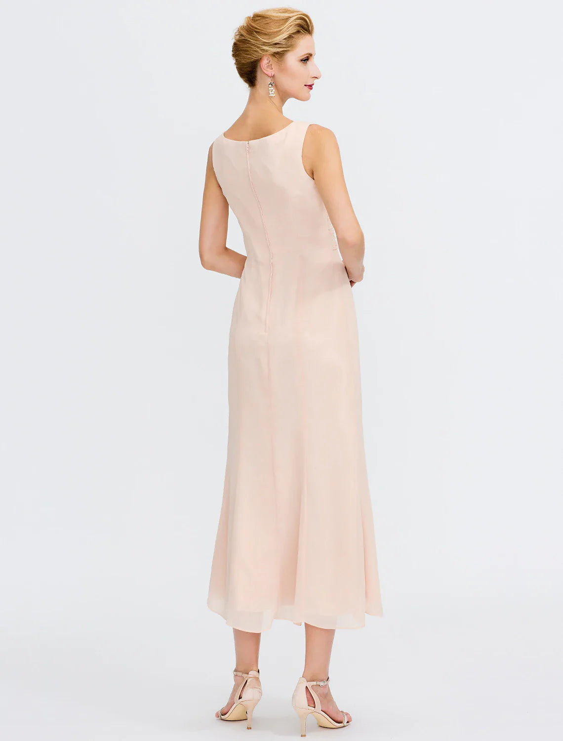 Two Piece Sheath / Column Mother of the Bride Dress Fall Wedding Guest Dresses Plus Size Elegant Jewel Neck Tea Length Chiffon Sleeveless Included with Sash / Ribbon Pleats Beading