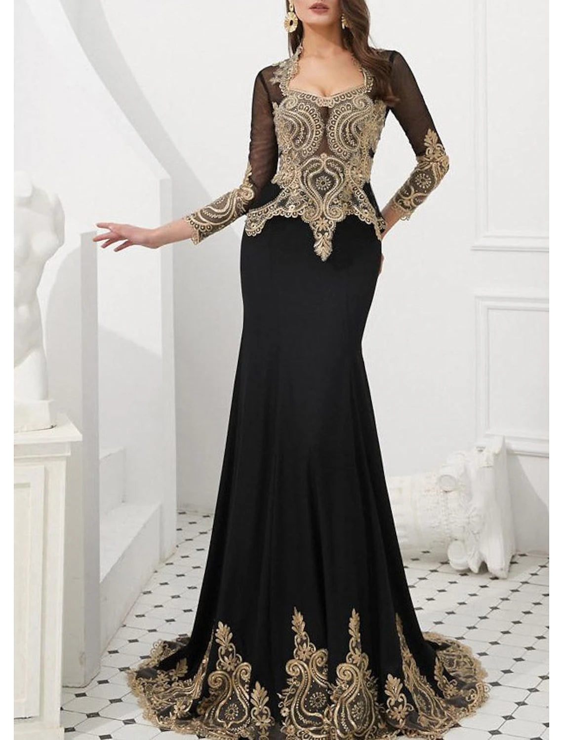 Sheath Mermaid Evening Gown Long Sleeve High Neck Court Train Prom Dress with Appliques