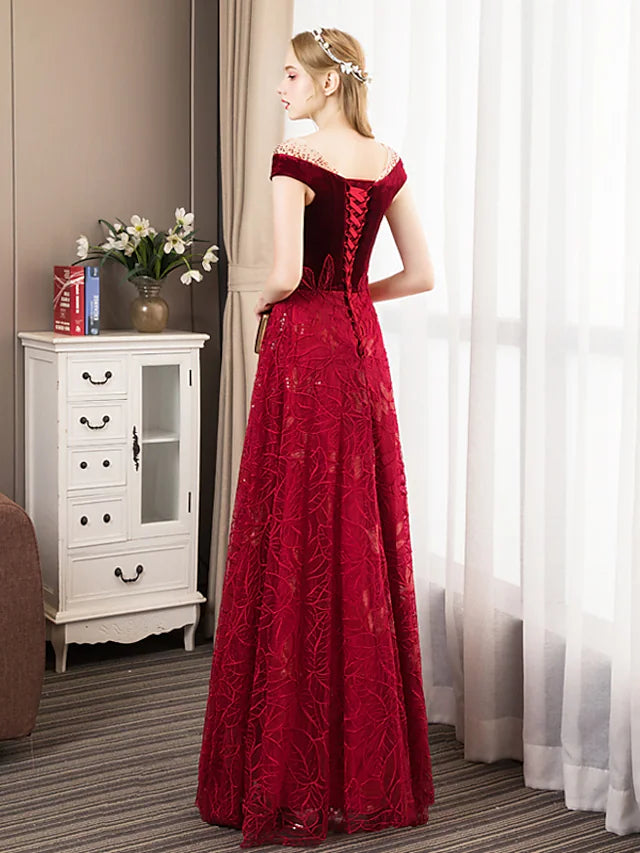 A-Line Prom Dresses Glittering Dress Engagement Floor Length Short Sleeve Jewel Neck Tulle with Pleats Crystals Pattern / Print