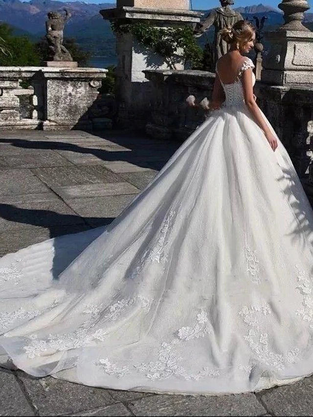 Engagement Open Back Sexy Formal Wedding Dresses Chapel Train Ball Gown Cap Sleeve Illusion Neck Lace With Applique