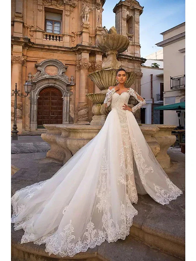 Engagement Formal Wedding Dresses Court Train Two Piece Long Sleeve Sweetheart Lace With Appliques