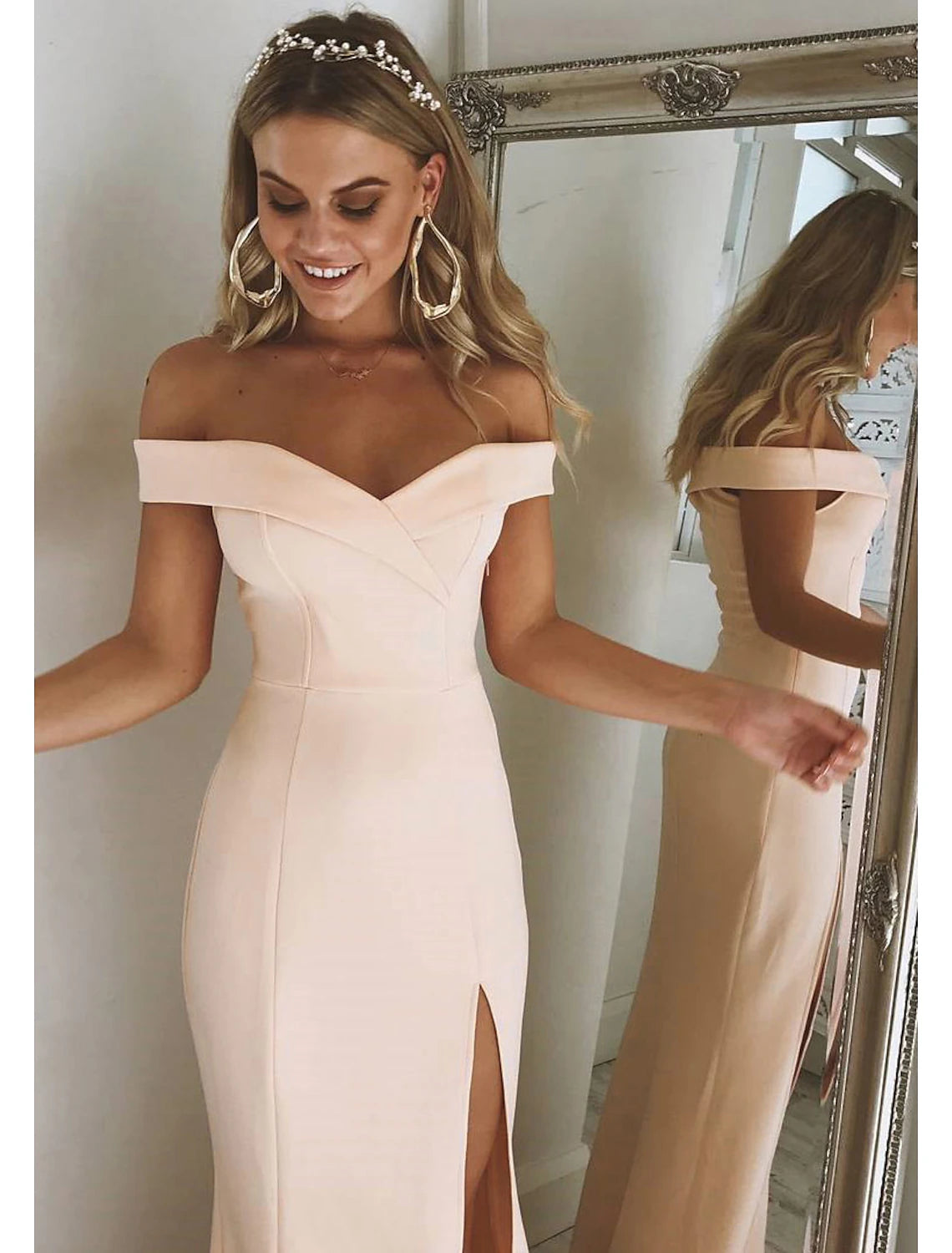 Sheath Trumpet Off The Shoulder Floor Length Formal Wedding Guest Dress Long Prom Dresses With Slit