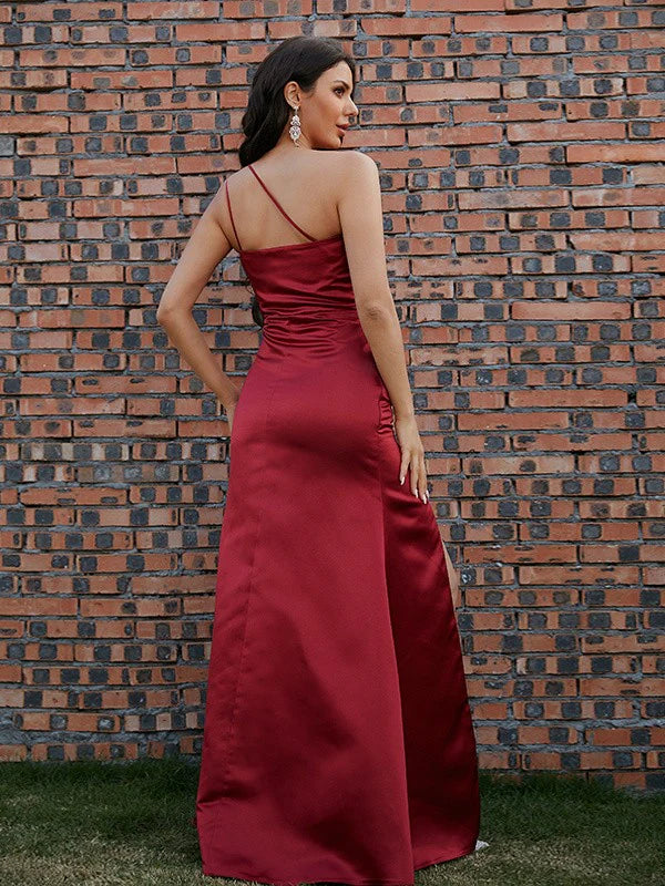 vSatin Ruched One-Shoulder Spaghetti Straps Sleeveless Floor-Length Dresses Slit Front