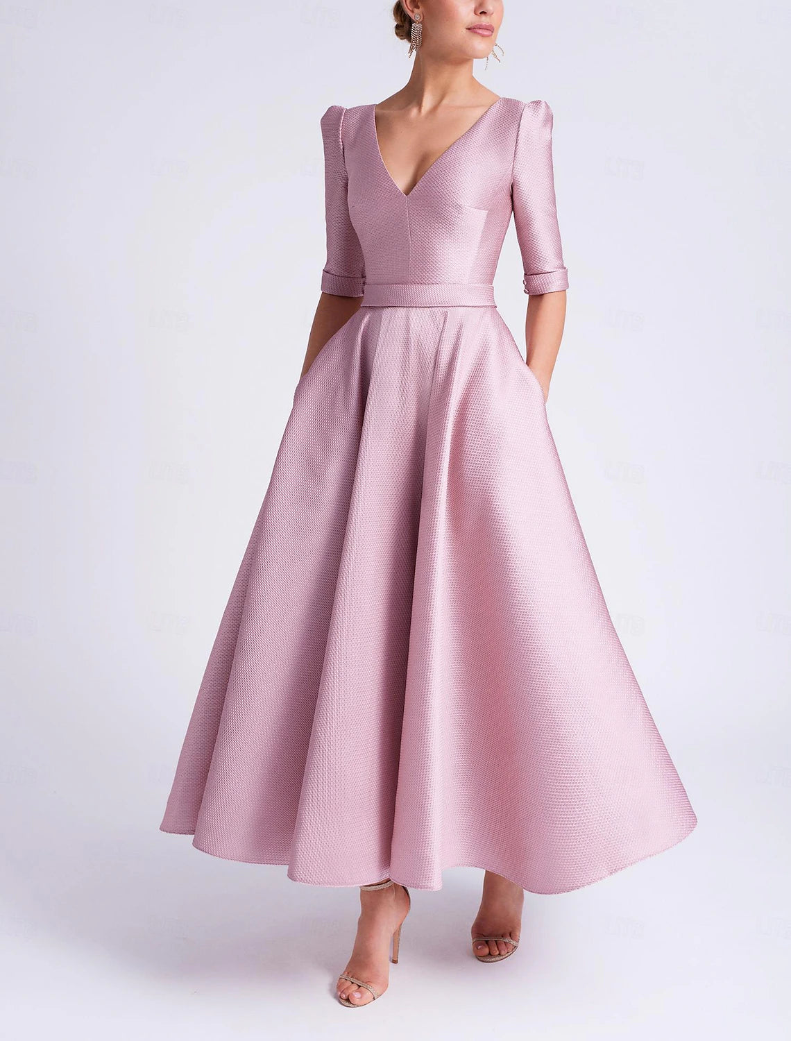 A-Line Cocktail Dresses Formal Wedding Guest Tea Length Half Sleeve V Neck Satin with Pocket 