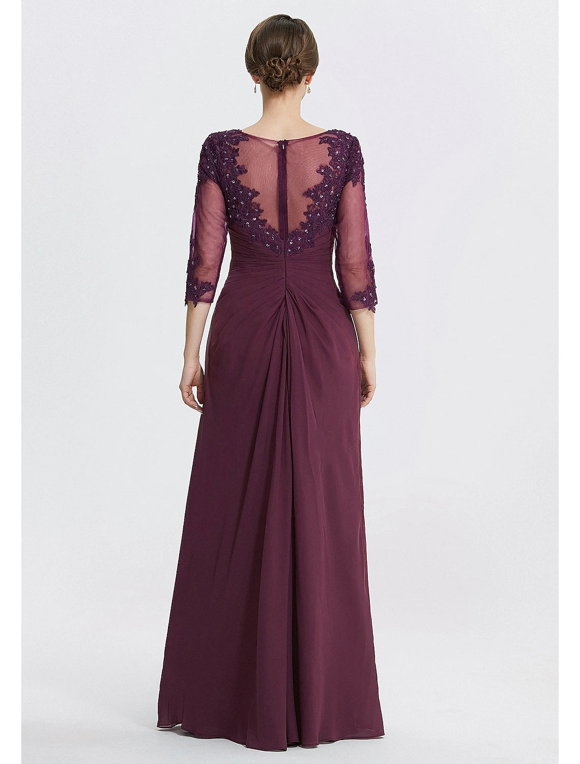 Sheath / Column Mother of the Bride Dress Formal Wedding Guest Elegant Sparkle & Shine Jewel Neck Asymmetrical Floor Length Chiffon Lace 3/4 Length Sleeve with Sequin Appliques