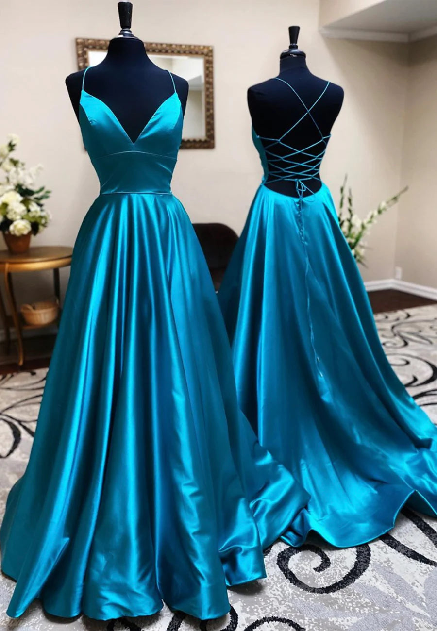 A Line Satin Blue V-Neck Backless Long Prom Dresses Evening Dresses