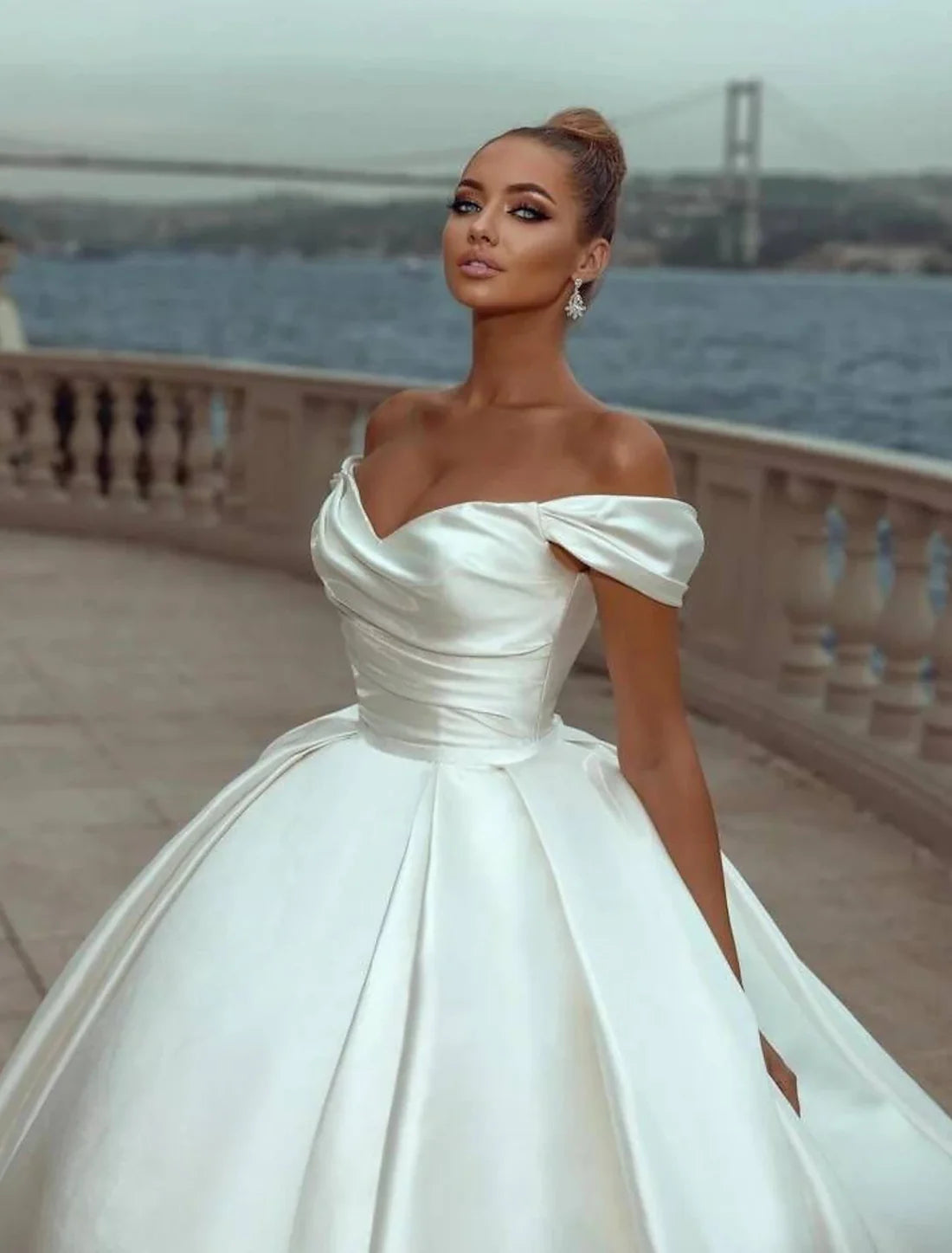 Charming Ivory Color Engagement Formal Wedding Dresses Ball Gown Off Shoulder Cap Sleeve Court Train Satin Bridal Gowns With Ruched Solid Color