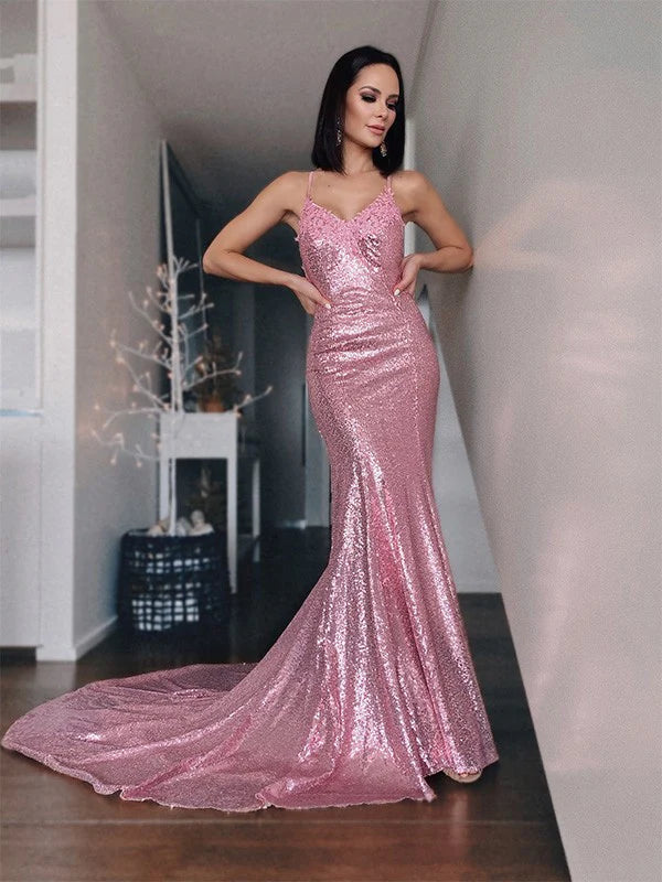 Ruffles Sequins V-neck Sleeveless Long Spaghetti Straps Prom Dresses