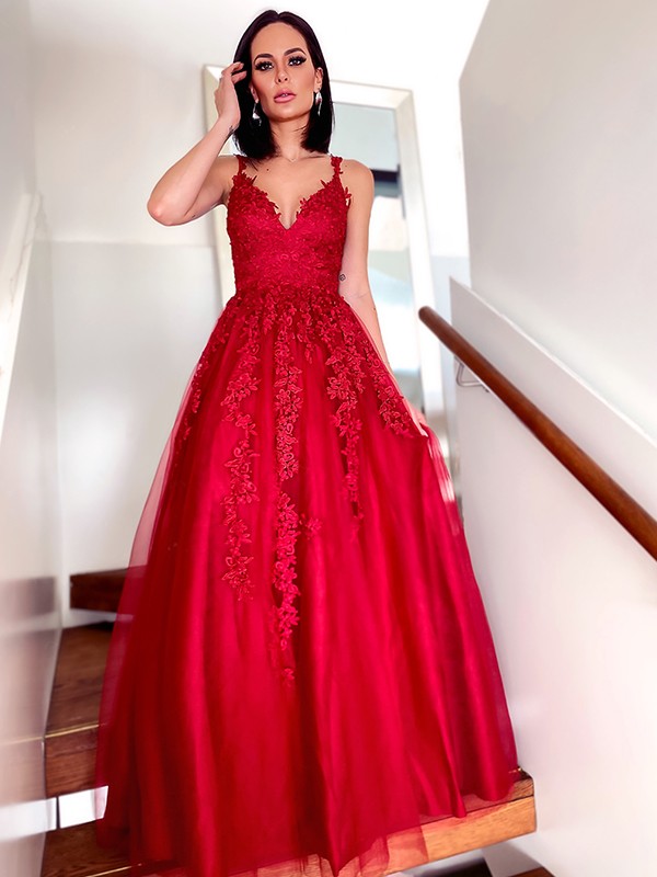 A-Line/Princess Tulle V-neck Floor-Length Applique Sleeveless Party Dresses Formal Dresses