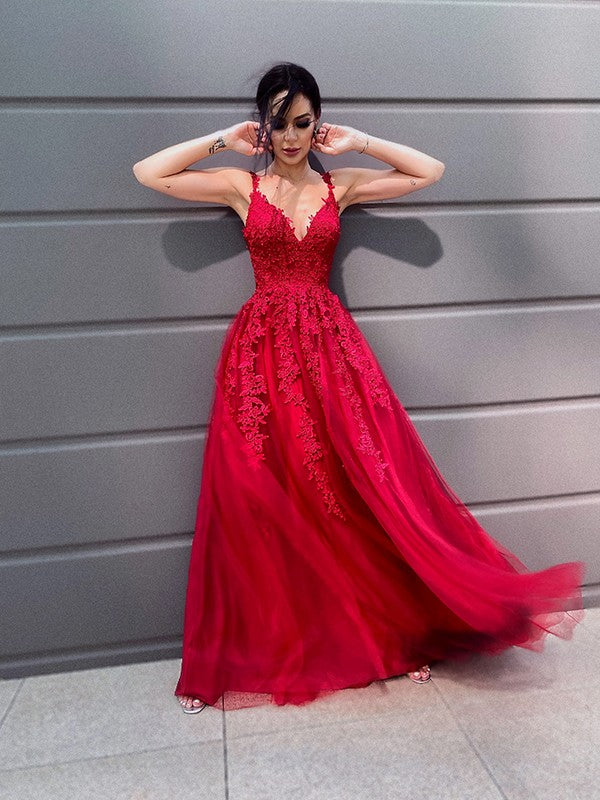 A-Line/Princess Tulle V-neck Floor-Length Applique Sleeveless Party Dresses Formal Dresses