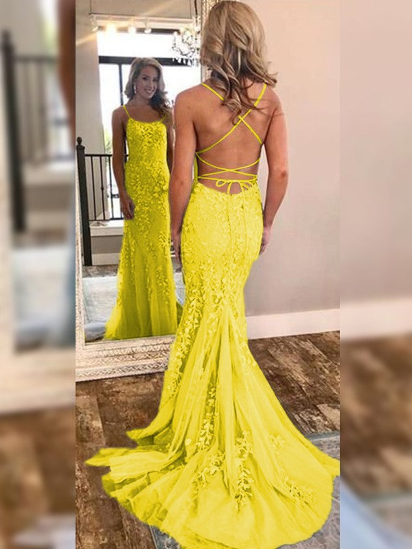 Trumpet/Mermaid Sleeveless Off-the-Shoulder Sweep/Brush Train Lace Tulle Dresses