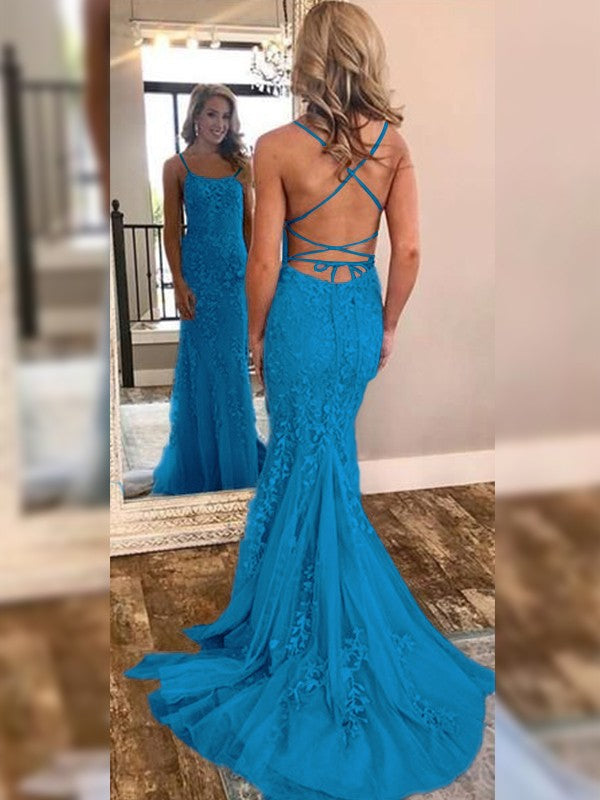 Trumpet/Mermaid Sleeveless Off-the-Shoulder Sweep/Brush Train Lace Tulle Dresses