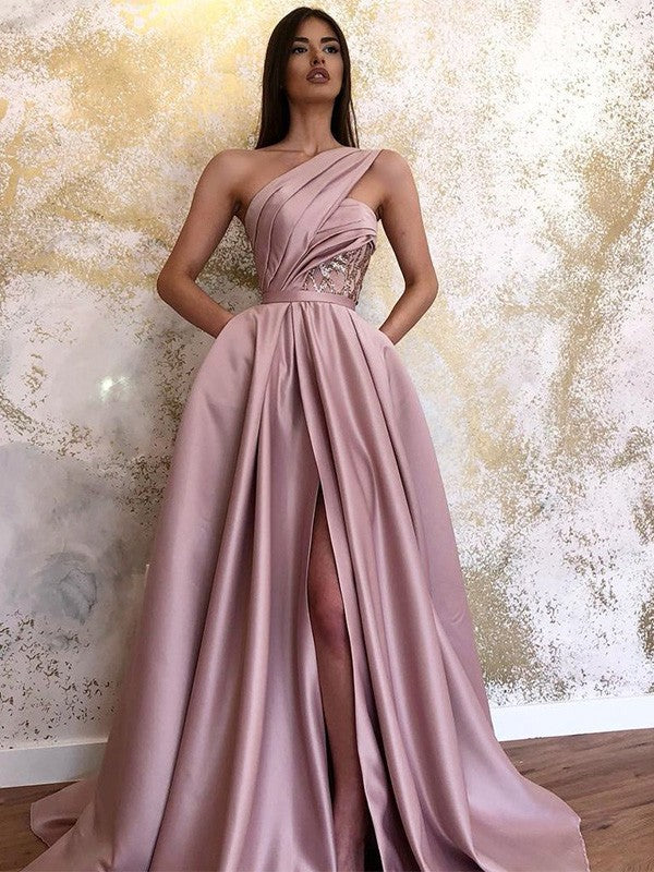 A-Line/Princess Satin Sleeveless Ruched One-Shoulder Sweep/Brush Train Party Dresses Formal Dresses