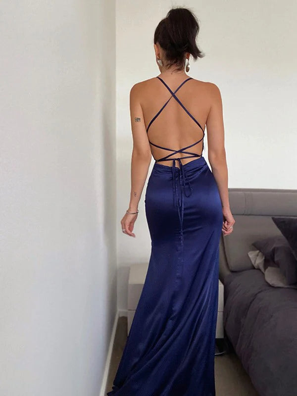 Sheath Elastic Woven Satin Ruched Sleeveless Halter Prom Dresses