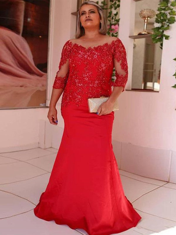 A Line Sheath/Column Satin Applique Scoop 3/4 Sleeves Sweep/Brush Train Mother of the Bride Dresses