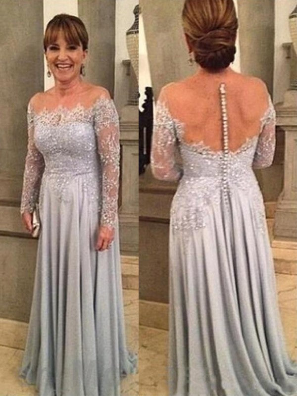 A-Line Chiffon Lace Scoop Long Sleeves Sweep/Brush Train Mother of the Bride Dresses