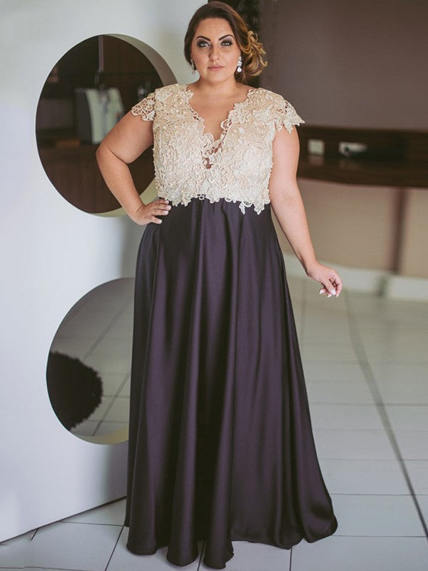 A-Line Satin Lace V-neck Short Sleeves Floor-Length Mother of the Bride Dresses