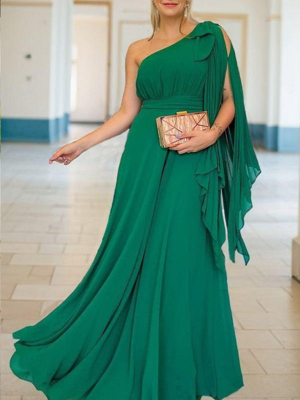 A-Line Chiffon Ruched One-Shoulder Sleeveless Floor-Length Mother of the Bride Dresses