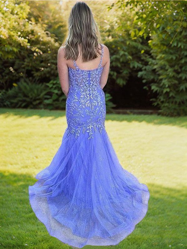 Trumpet/Mermaid Tulle Applique Straps Sleeveless Court Train Dresses