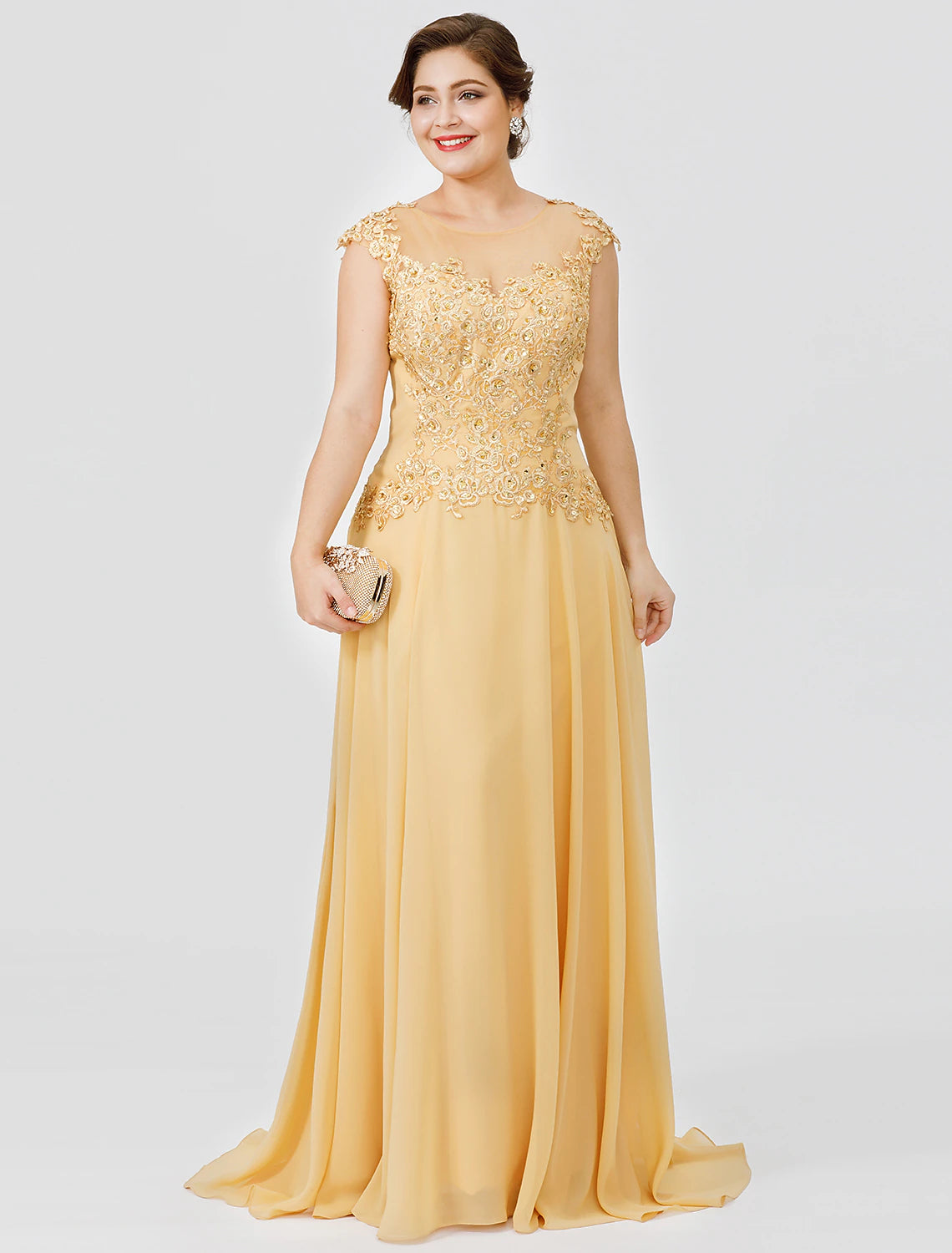 A-Line Mother of the Bride Dress Wedding Guest Elegant Plus Size Illusion Neck Sweep / Brush Train Chiffon Beaded Lace Short Sleeve No with Bow(s) Pleats
