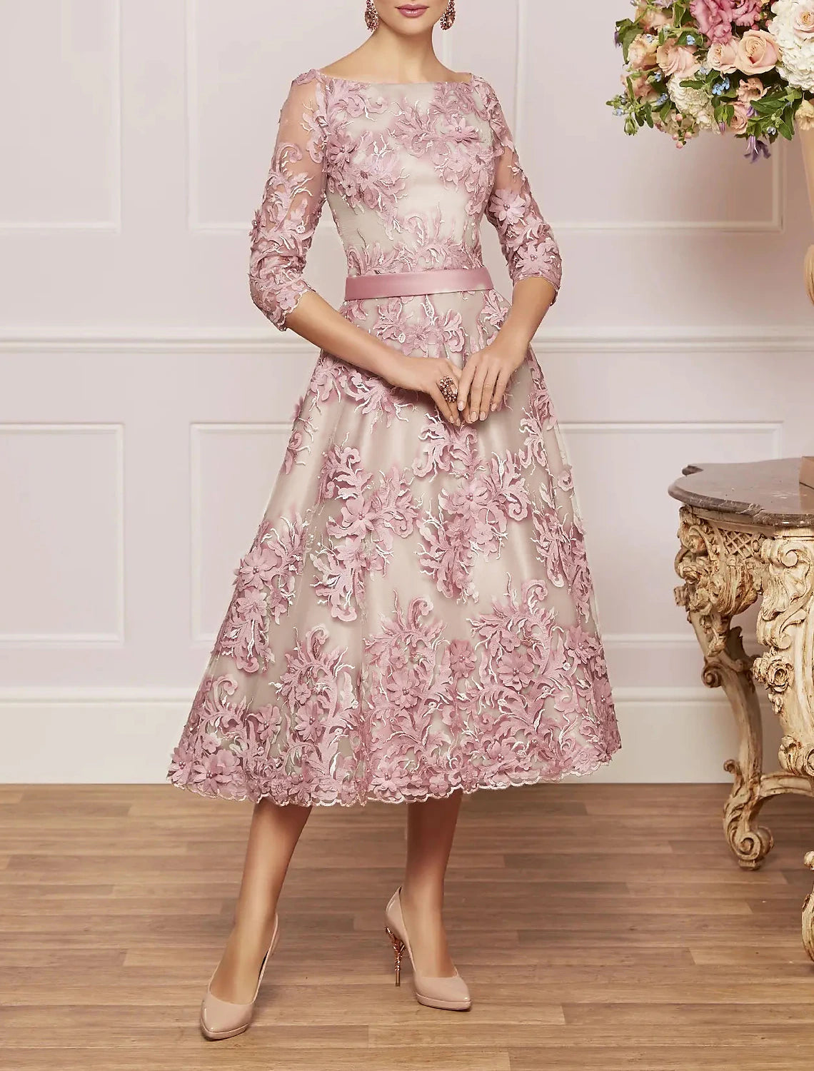 A-Line Mother of the Bride Dress Wedding Guest Plus Size Bateau Neck Tea Length Lace Half Sleeve with Lace Sash / Ribbon