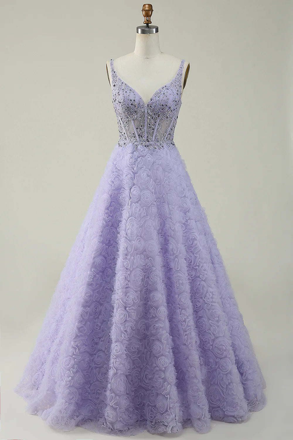 A Line V Neck Long Prom Dress with 3D Flowers Beautiful