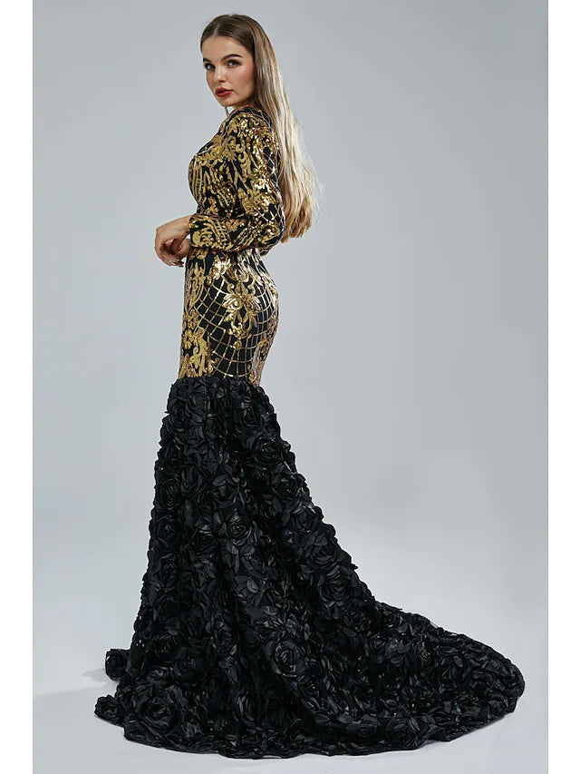 Mermaid / Trumpet Evening Gown Elegant & Luxurious Dress Engagement Court Train Long Sleeve V Neck Sequined with Sequin