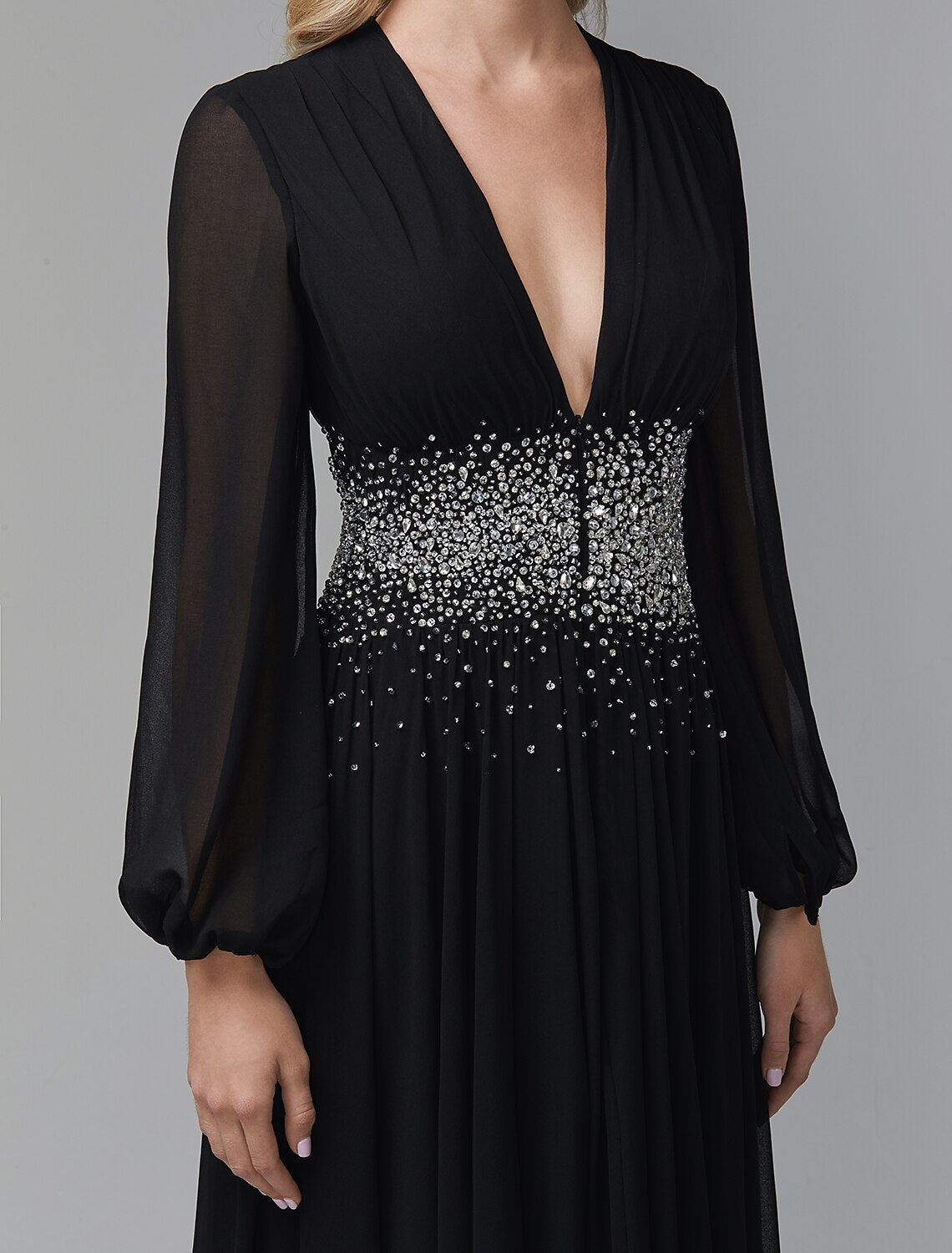 A-Line Evening Dress Celebrity Red Carpet Formal Gown Party Dress Black Tie Wedding Guest Floor Length Long Sleeve V Neck Chiffon with Sequin