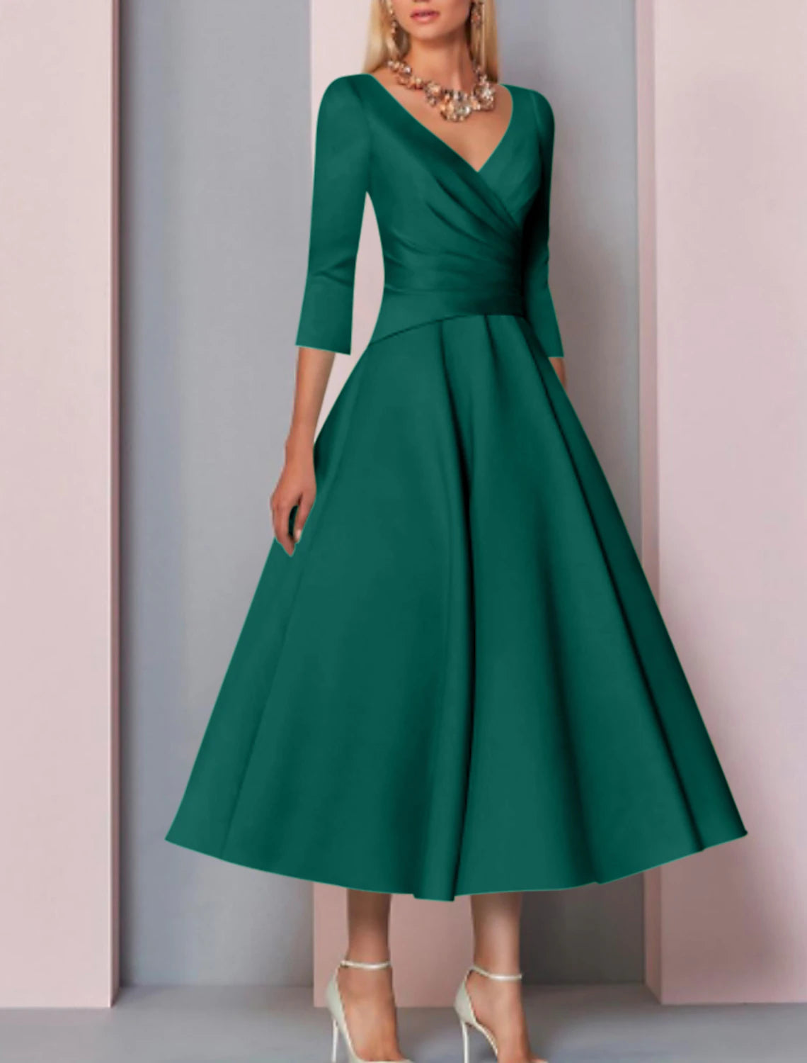 A-Line Mother of the Bride Dress Wedding Guest Elegant Vintage Plus Size V Neck Tea Length Satin 3/4 Length Sleeve with Pleats