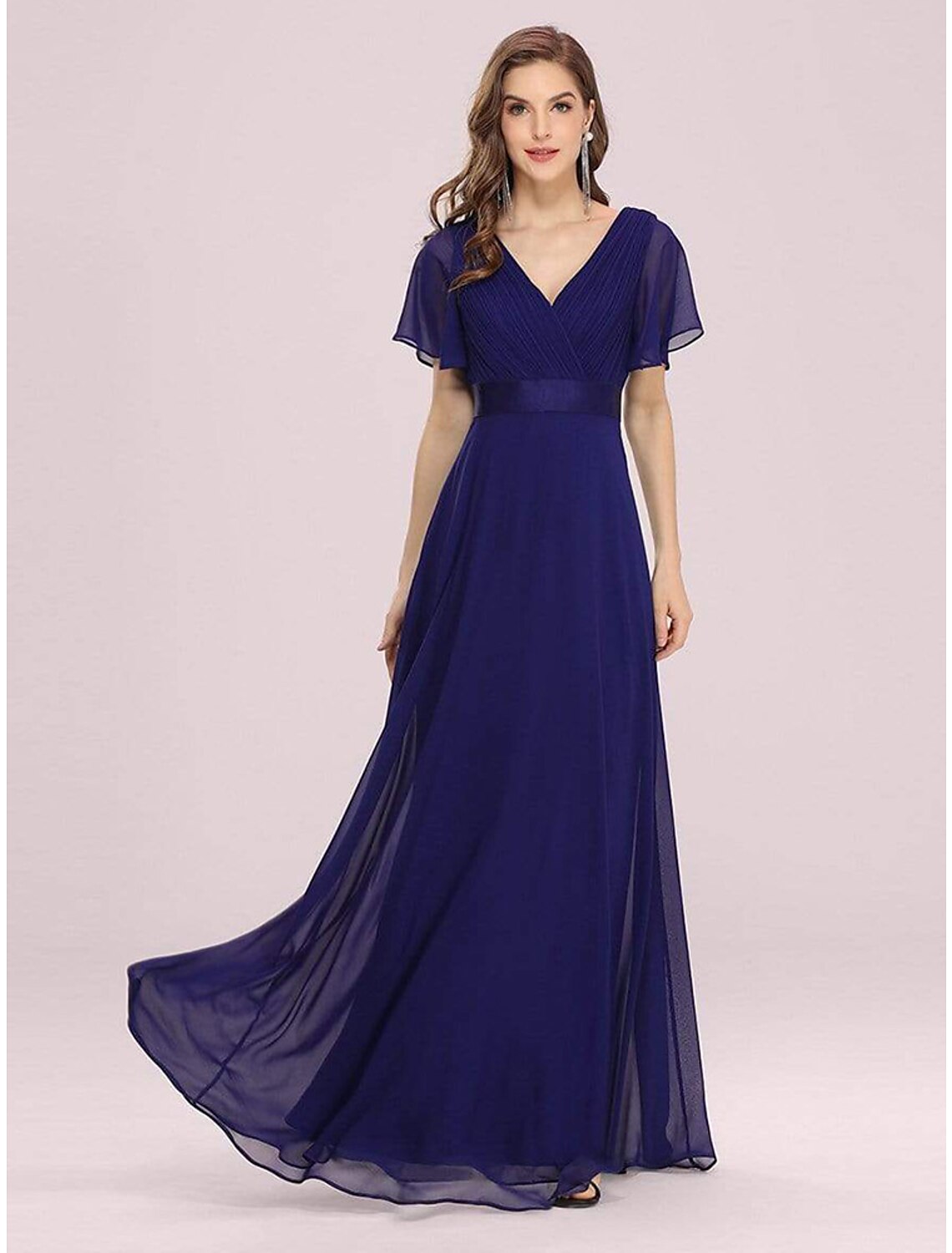 A-Line Evening Gown Party Dress Empire Dress Wedding Guest Formal Evening Floor Length Short Sleeve V Neck Bridesmaid Dress Chiffon V Back with Ruffles Pure Color