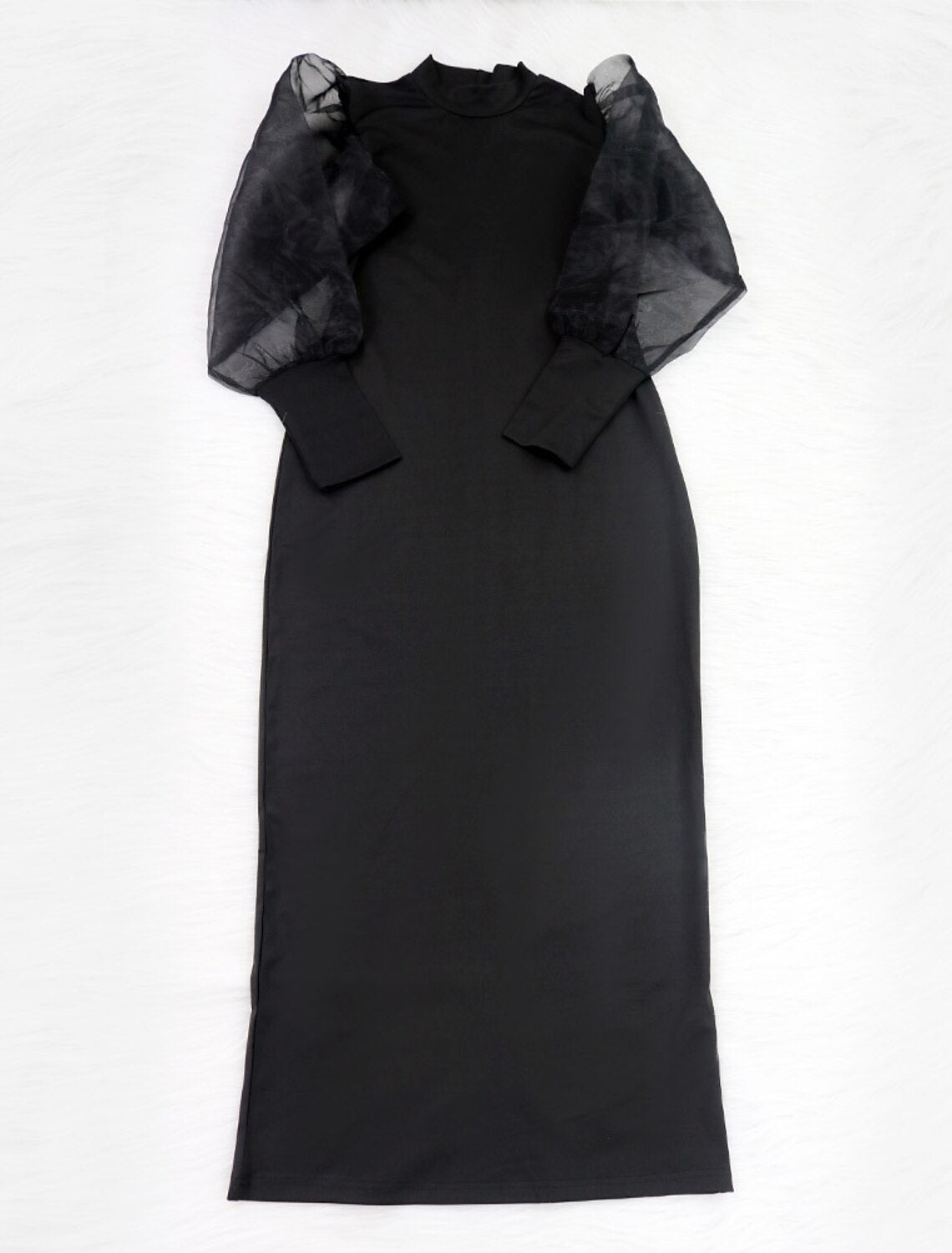 Sheath / Column Cocktail Dresses Black Dress Plus Size Wedding Guest Engagement Tea Length Long Sleeve High Neck Stretch Fabric with Pure Color Splicing