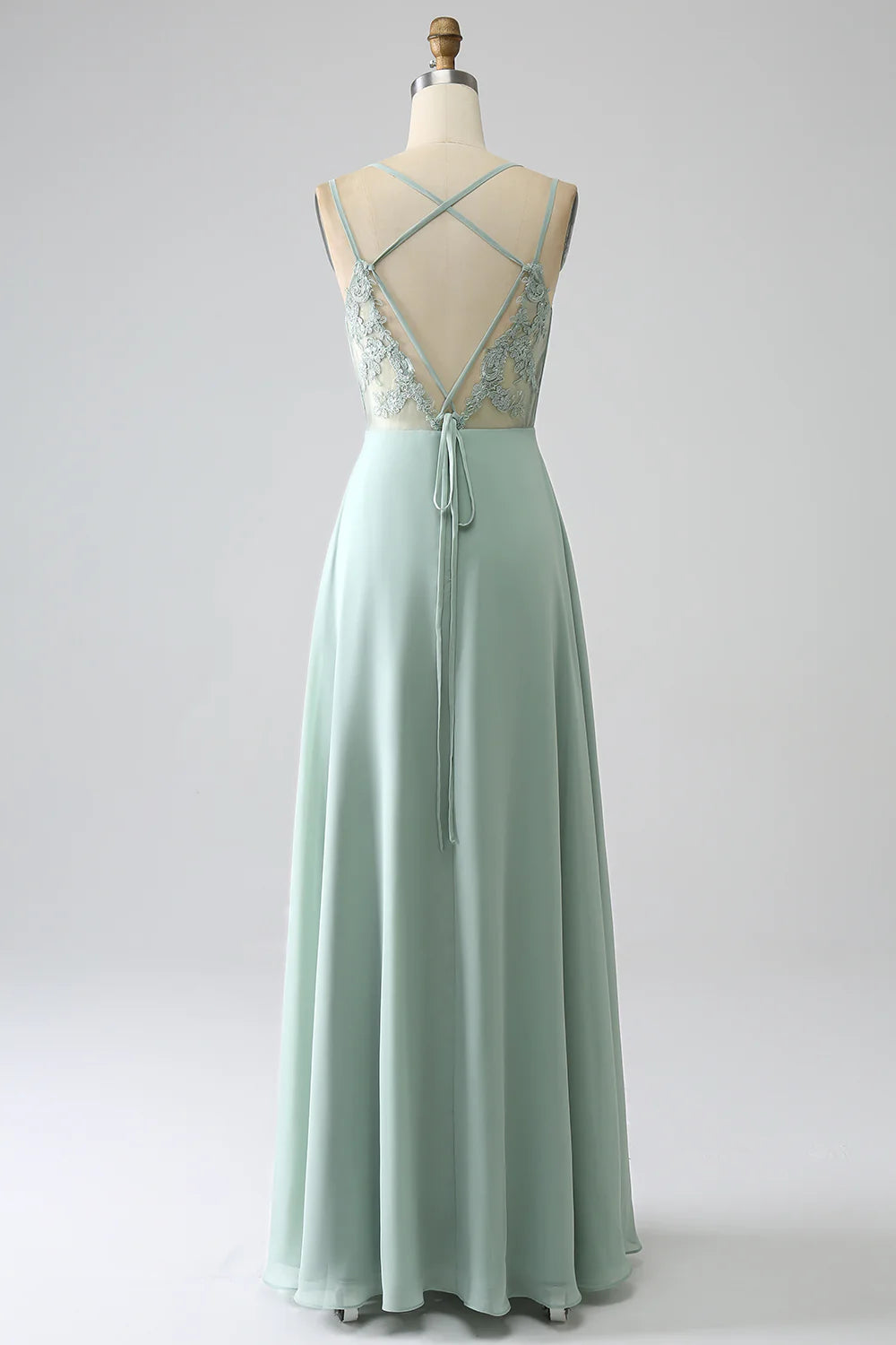 A-Line V Neck Spaghetti Straps Backless Pleated Long Bridesmaid Dress