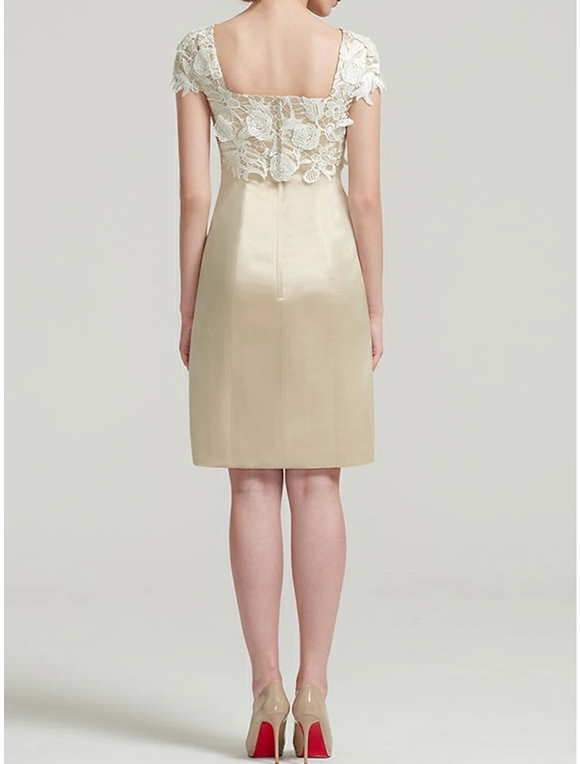 Two Pieces Sheath / Column Mother of the Bride Dress Plus Size Square Neck Knee Length Satin Lace Short Sleeve Wrap Included Jacket Dresses with Pleats Appliques