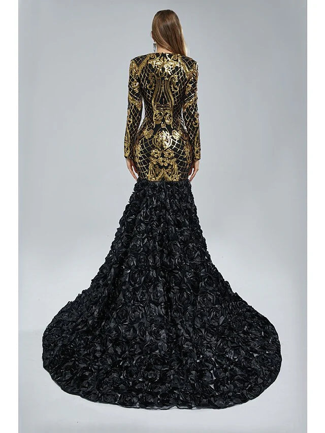 Mermaid / Trumpet Evening Gown Elegant & Luxurious Dress Engagement Court Train Long Sleeve V Neck Sequined with Sequin