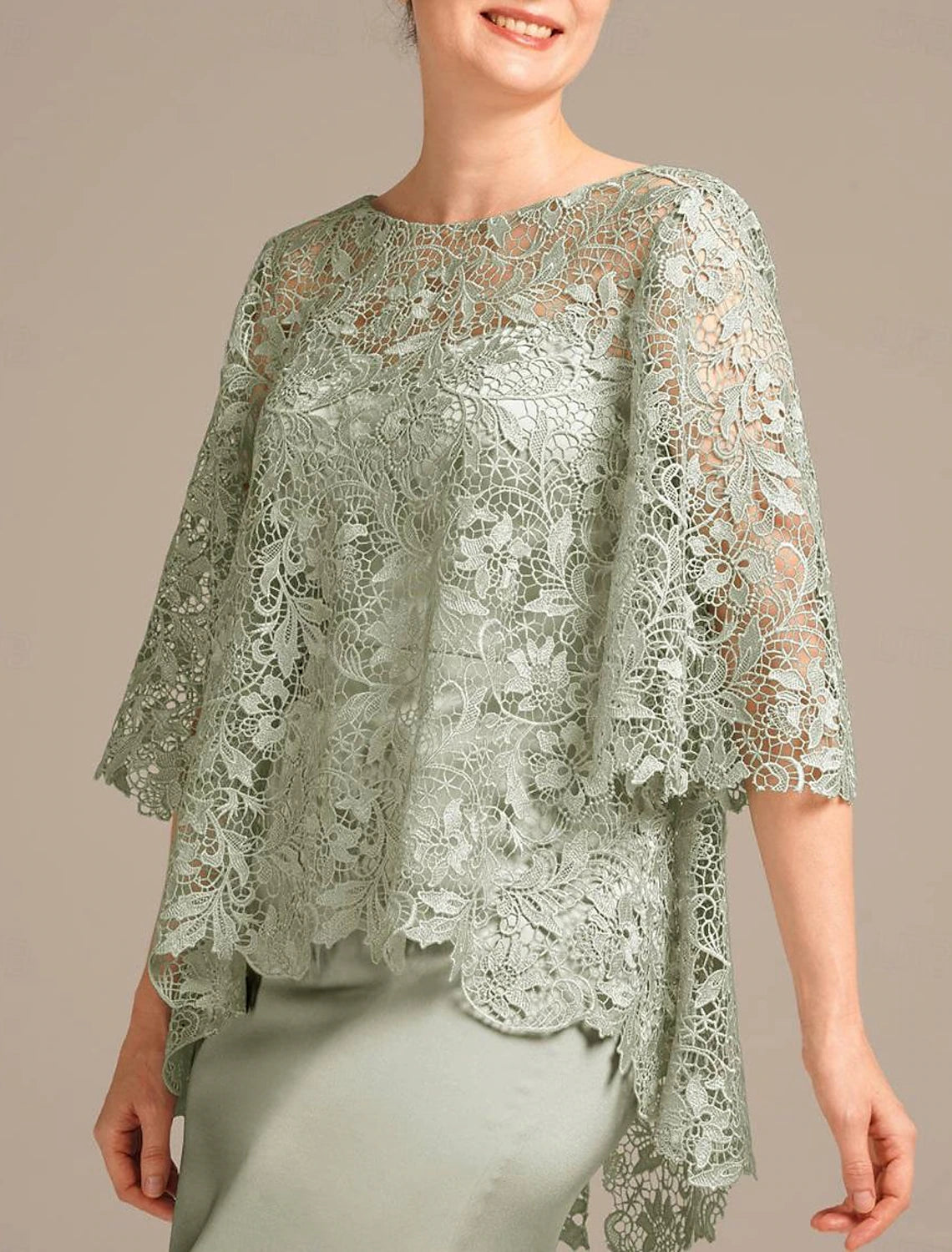 Wedding Guest Dress Jewel Neck Floor Length Mother of the Bride Dress Satin Lace Half Sleeve with Embroidery