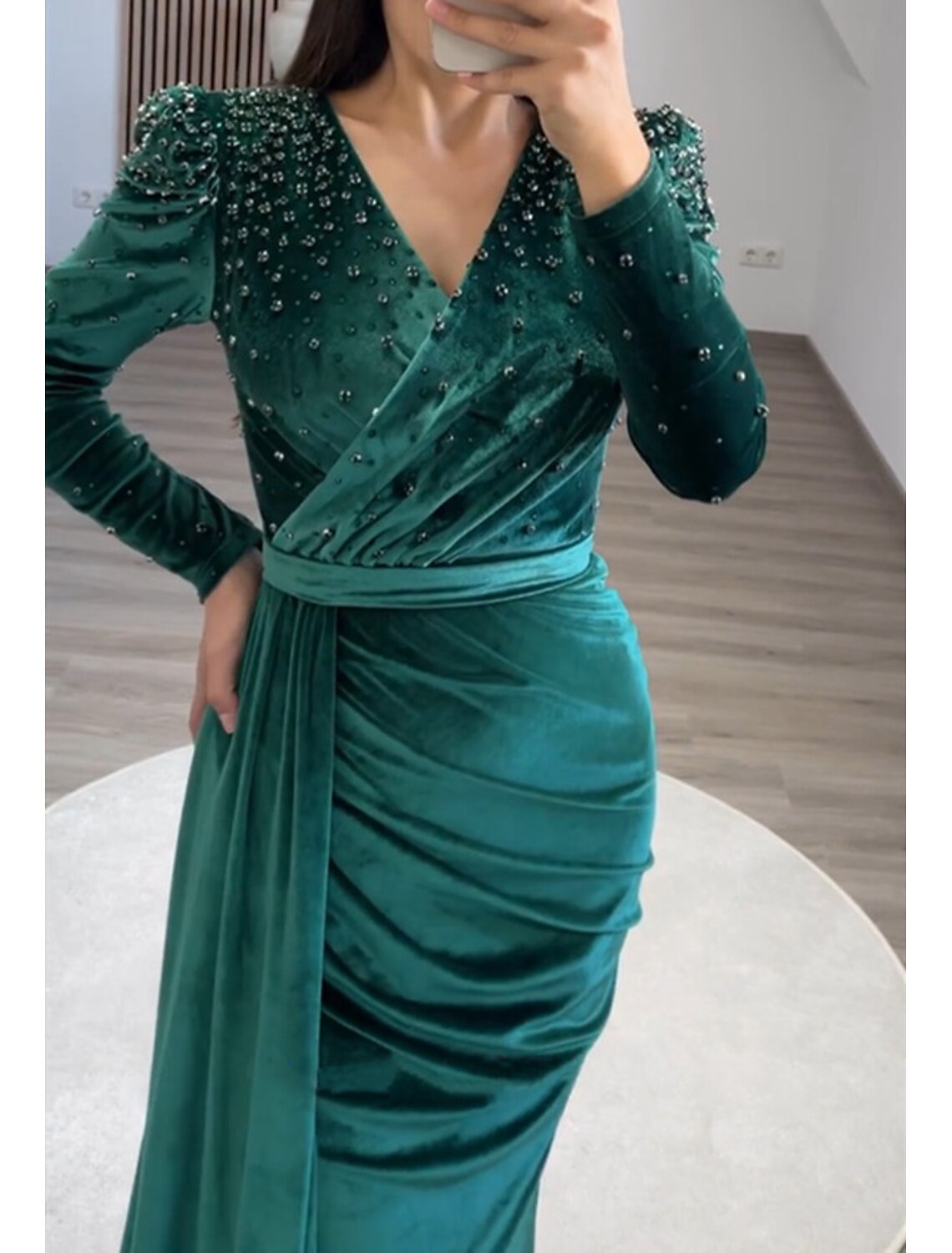 Sheath Mermaid Burgundy Floor Length Party Dress Long Sleeve V Neck Ruched Wedding Guest Velvet with Beads