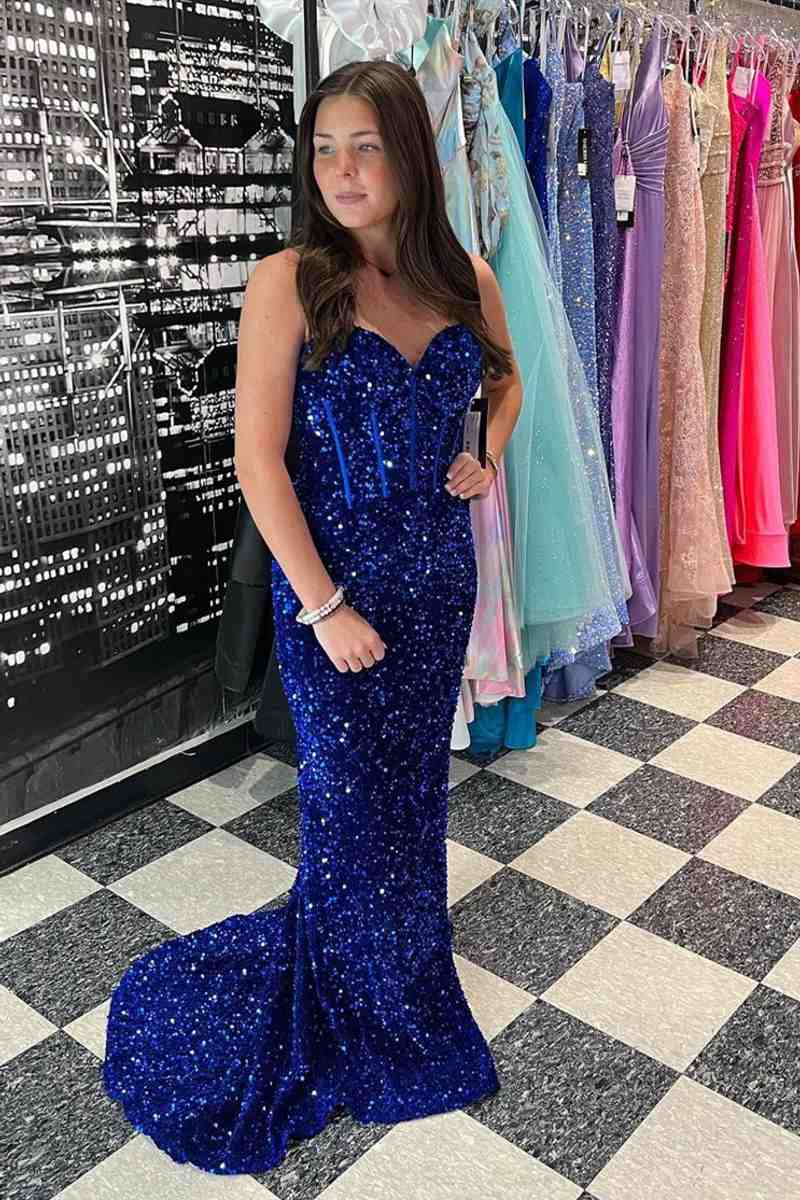 Sheath Mermaid Light Blue Sweep/Brush Train Dresses Sparking Sequin Long Prom Dress