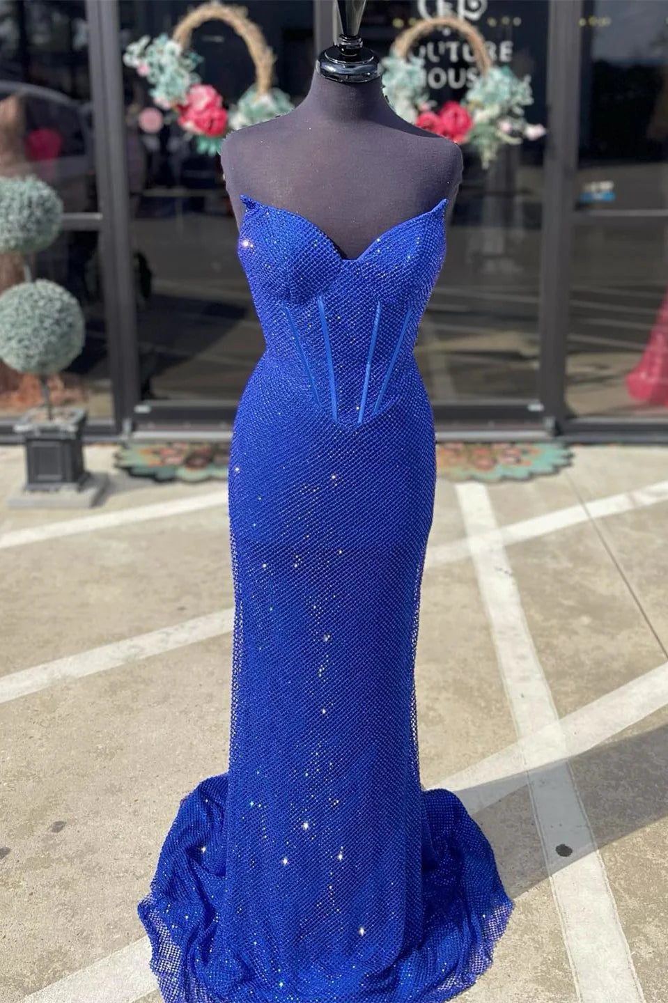 Sheath Mermaid Strapless Sweep/Brush Train Dresses Sweetheart Beaded Grid Long Prom Dress