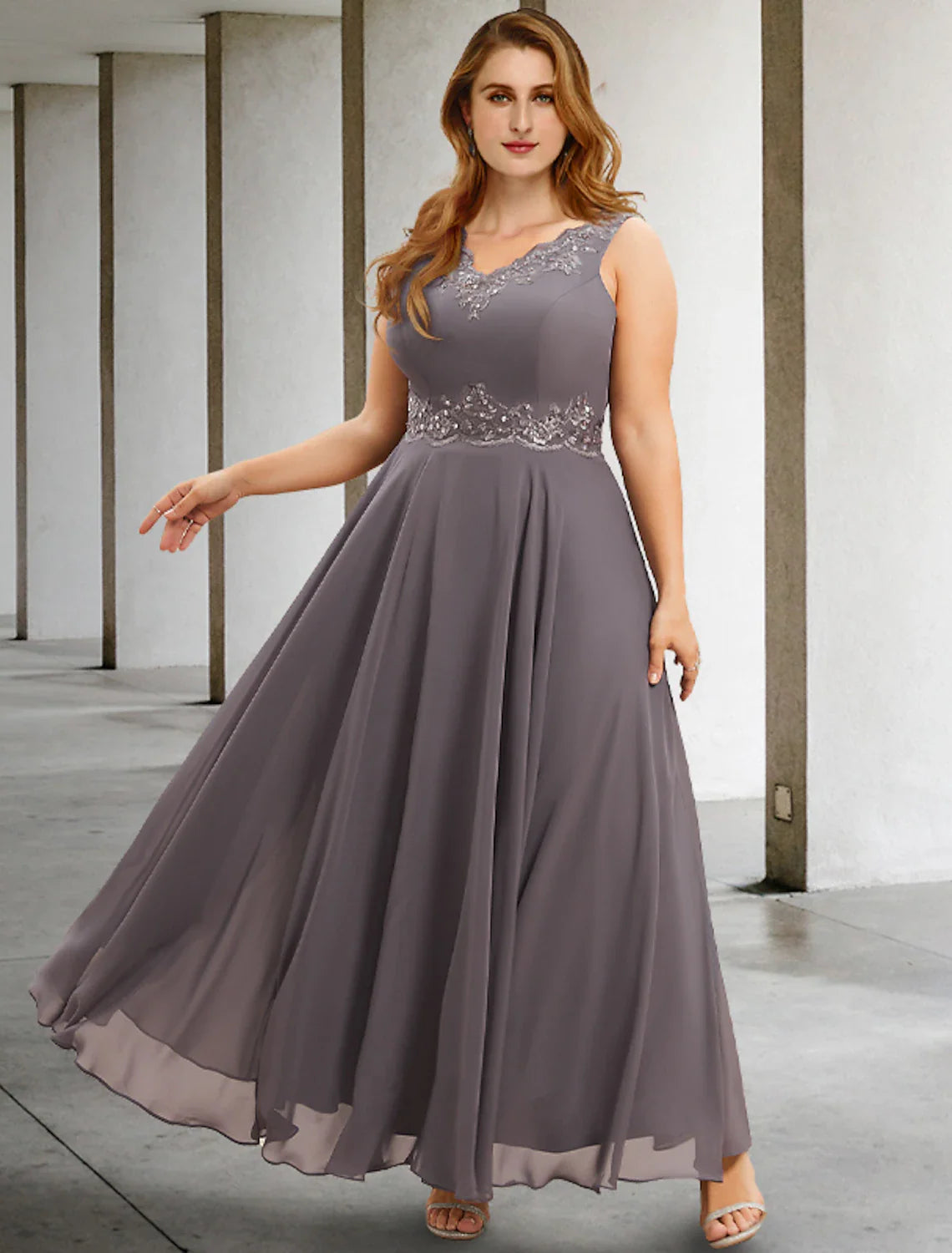 Two Piece A-Line Evening Gown Elegant Dress Plus Size Formal Tea Length Sleeveless V Neck Chiffon with Appliques